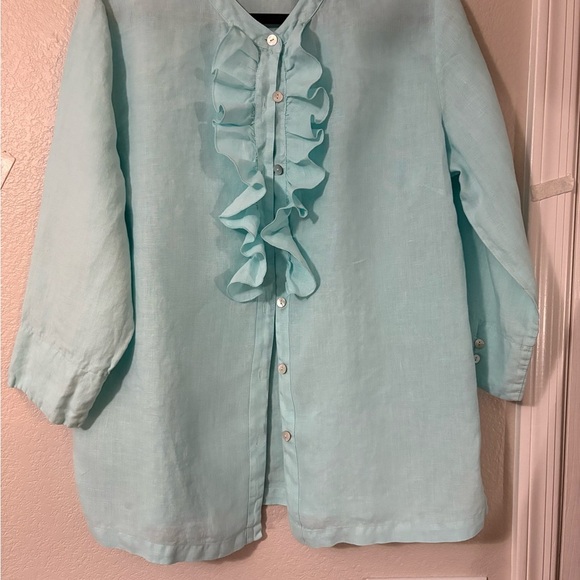100%linen aqua blue ruffle button up tunic. 3/4 sleeve,  split hem. - Picture 5 of 16